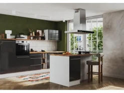 Outlet Inselküche Gabriel 320 cm Grau Hochglanz Inselhauben|Kücheninseln