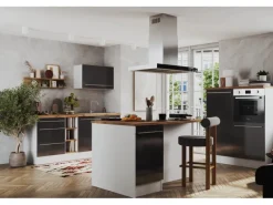 Outlet Inselküche Gabriel 320 cm Grau Hochglanz Inselhauben|Kücheninseln