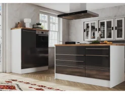 Outlet Inselküche Gabriel 320 cm Grau Hochglanz Inselhauben|Kücheninseln