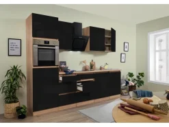 Discount Respekta Premium Respekta Küchenzeile GLRP280HESS Grifflos 280 cm -Sonoma Eiche Schwarz Hochglanz