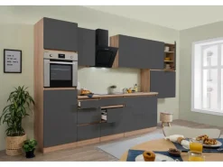 Clearance Respekta Küchenzeile GLRP370HESG Grifflos 370 cm -Sonoma Eiche Kühlschränke|Winkelküchen
