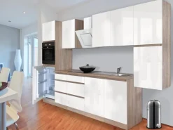 Respekta Premium Kühlschränke|Winkelküchen<Respekta Küchenzeile GLRP320HESW Grifflos 320 cm Weiß Hochglanz-Sonoma Eiche Hochglanz Weiß