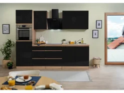 Respekta Premium Kochfelder|Kühlschränke<Respekta Küchenzeile GLRP270HESS Grifflos  270 cm -Sonoma Eiche Schwarz Hochglanz