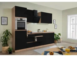 Respekta Premium Kochfelder|Kühlschränke<Respekta Küchenzeile GLRP270HESS Grifflos  270 cm -Sonoma Eiche Schwarz Hochglanz