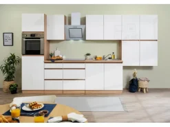 Respekta Premium Respekta Küchenzeile GLRP370HESW Grifflos 370 cm Weiß Hochglanz-Sonoma Eiche Hochglanz Weiß
