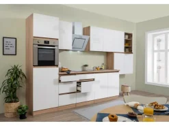 Respekta Premium Respekta Küchenzeile GLRP370HESW Grifflos 370 cm Weiß Hochglanz-Sonoma Eiche Hochglanz Weiß