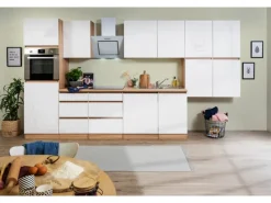 Discount Respekta Küchenzeile GLRP380HESW Grifflos 380 cm Weiß Hochglanz-Sonoma Eiche Kochfelder|Winkelküchen