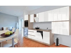 Discount Respekta Küchenzeile GLRP380HESW Grifflos 380 cm Weiß Hochglanz-Sonoma Eiche Kochfelder|Winkelküchen