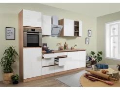 Discount Respekta Premium Respekta Küchenzeile GLRP280HESW Grifflos 280 cm Weiß Hochglanz-Sonoma Eiche Hochglanz Weiß