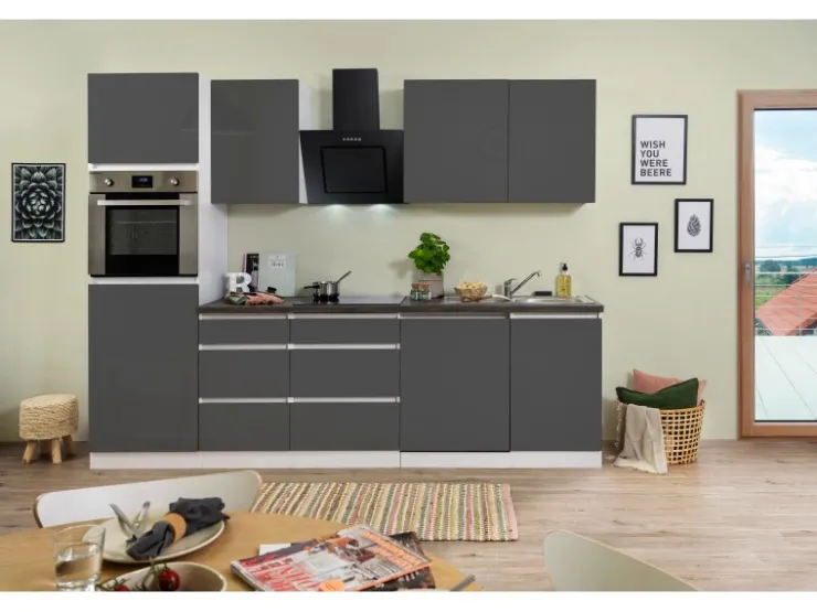 Respekta Premium Kühlschränke|Kochfelder<Respekta Küchenzeile GLRP280HWG 280 cm Granit-Optik Grifflos Grau Hochglanz