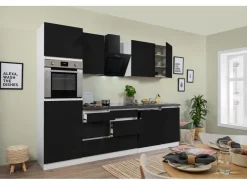 Respekta Premium Kühlschränke|Einbauküchen<Respekta Küchenzeile GLRP280HWS 280 cm Granit-Optik Grifflos Schwarz Hochglanz