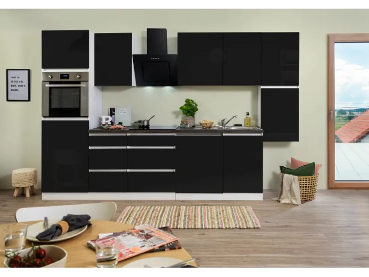 Respekta Premium Respekta Küchenzeile GLRP330HWS Grifflos 330 cm -Weiß Schwarz Hochglanz