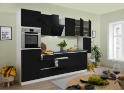 Respekta Premium Kochfelder|Kühlschränke<Respekta Küchenzeile GLRP320HWS Grifflos 320 cm -Weiß Schwarz Hochglanz