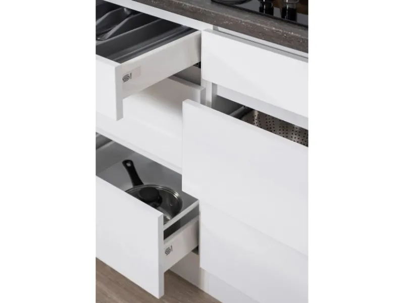 Hot Respekta Küchenzeile GLRP380HWW Grifflos 380 cm Weiß Hochglanz Kochfelder|Kühlschränke