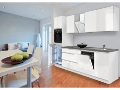 Discount Respekta Küchenzeile GLRP280HWW 280 cm Weiß Hochglanz Granit-Optik Grifflos Einbauküchen|Küchenschränke