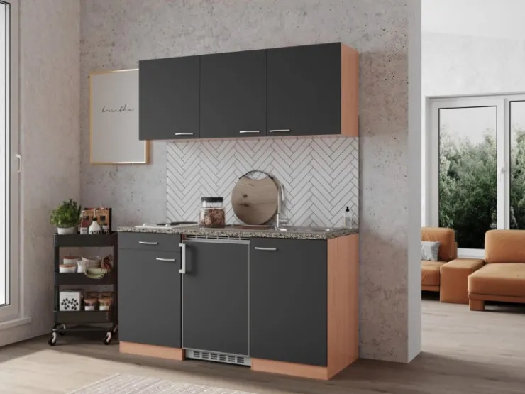Respekta Pantryküchen|Miniküchen<Küchenzeile KB150BG 150 cm -Buche Nachbildung Grau