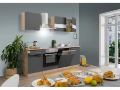 Clearance Küchenzeile KB220ESGC 220 cm -Eiche Sägerau Nachbildung Glänzend Einbauküchen|Kochfelder