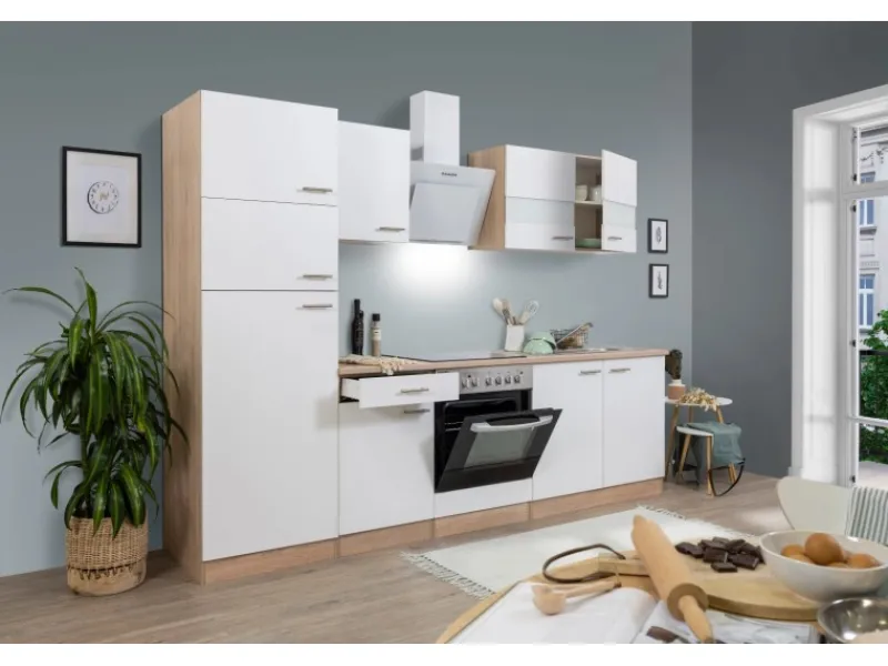 Best Küchenzeile KB270ESWCGKE 270 cm -Eiche Sägerau Nachbildung Glänzend Single-Küchen|Kühlschränke