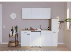 Best Küchenzeile KB180ESW 180 cm Weiß-Eiche Sonoma Sägerau Nachbildung Single-Küchen|Kochfelder
