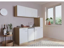 Best Küchenzeile KB180ESW 180 cm Weiß-Eiche Sonoma Sägerau Nachbildung Single-Küchen|Kochfelder