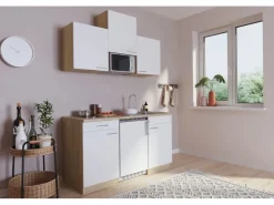 Respekta Single-Küchen|Pantryküchen<Küchenzeile KB150ESWMIC 150 cm -Eiche Sägeräu Nachbildung Weiß