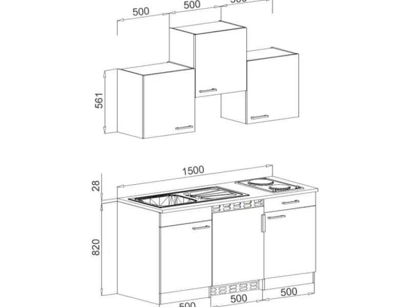 Outlet Küchenzeile KB150WG 150 cm -Weiß Glänzend Winkelküchen|Pantryküchen
