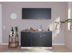 Respekta Winkelküchen|Pantryküchen<Küchenzeile KB150WS 150 cm -Weiß Schwarz