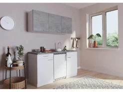 Hot Küchenzeile KB150WWBG 150 cm Weiß-Beton Optik Single-Küchen|Pantryküchen