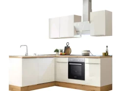 Respekta Winkelküchen|Kochfelder<Küchenzeile Marleen 220 cm Artisan-Eiche Weiß Winkel Weiß Hochglanz