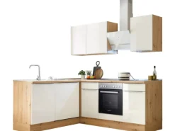 Outlet Küchenzeile Marleen 220 cm Artisan-Eiche Weiß Hochglanz Winkel Winkelküchen|Besteckkästen