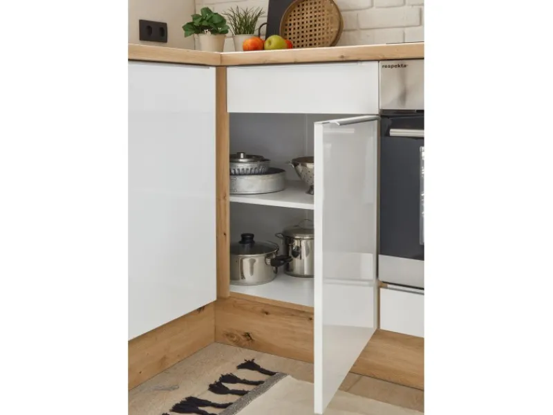 Clearance Küchenzeile Marleen 310 cm Artisan-Eiche Weiß Hochglanz Winkel Winkelküchen|Besteckkästen