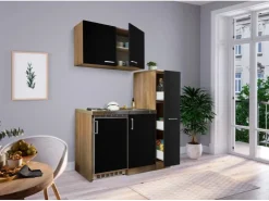 Respekta Pantryküchen|Miniküchen<Küchenzeile MK130ESSOS 130 cm -Eiche Sägerau Nachbildung Schwarz