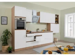 Hot Respekta Küchenzeile ohne E-Geräte 370 cm Grifflos Weiß Hochglanz-Eiche Sägerau Einbauküchen