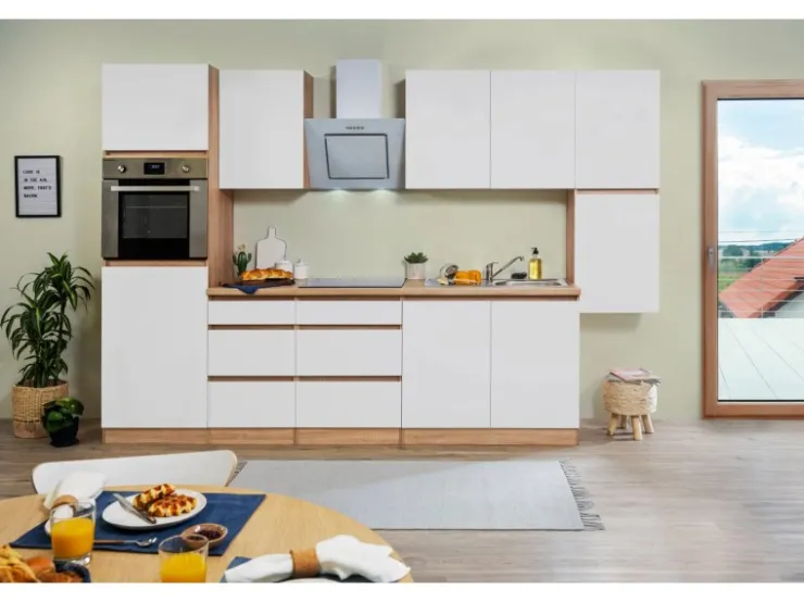 Discount Respekta Premium Respekta Küchenzeile ohne E-Geräte 320 cm Grifflos Weiß Hochglanz-Eiche Sägerau Hochglanz Weiß
