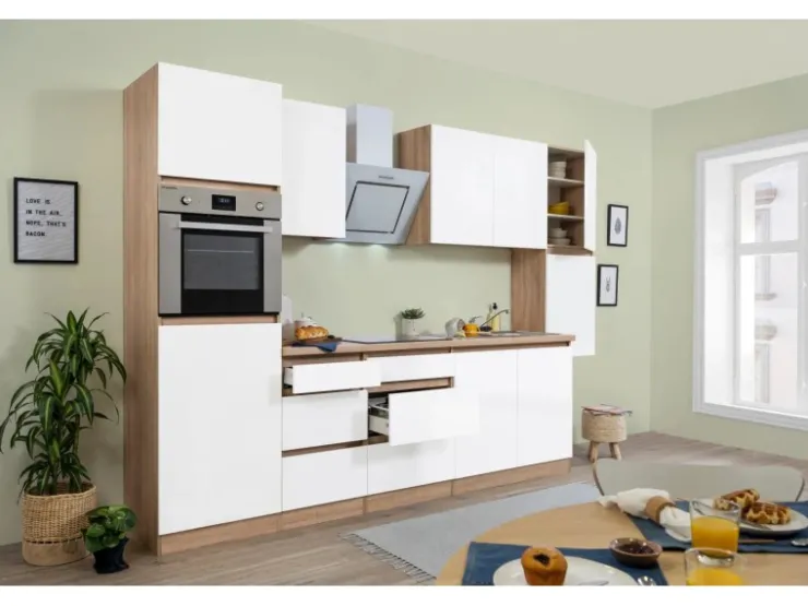 Discount Respekta Premium Respekta Küchenzeile ohne E-Geräte 320 cm Grifflos Weiß Hochglanz-Eiche Sägerau Hochglanz Weiß