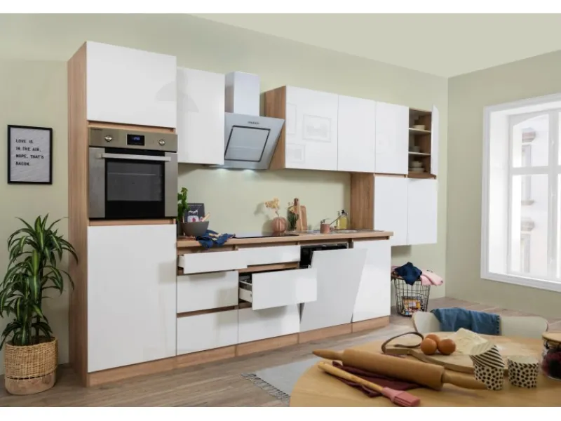 Outlet Respekta Küchenzeile ohne E-Geräte 380 cm Grifflos Weiß Hochglanz-Eiche Sägerau Kühlschränke