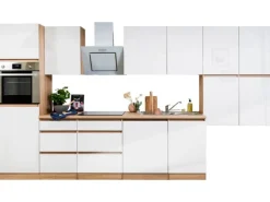 Outlet Respekta Küchenzeile ohne E-Geräte 380 cm Grifflos Weiß Hochglanz-Eiche Sägerau Kühlschränke