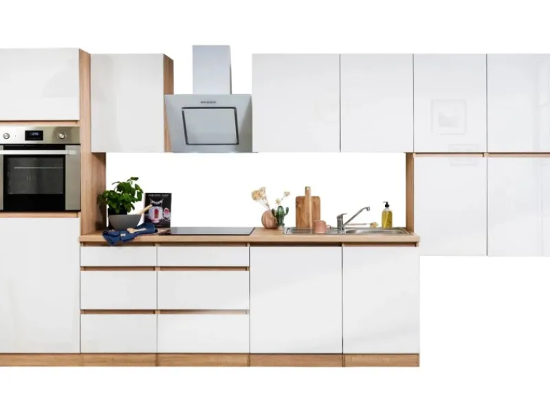 Outlet Respekta Küchenzeile ohne E-Geräte 380 cm Grifflos Weiß Hochglanz-Eiche Sägerau Kühlschränke