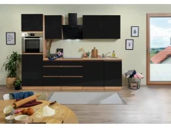 Discount Respekta Premium Respekta Küchenzeile ohne E-Geräte 280 cm Grifflos Schwarz Hochgl.-Eiche Sägerau Schwarz Hochglanz