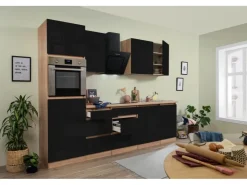 Discount Respekta Premium Respekta Küchenzeile ohne E-Geräte 280 cm Grifflos Schwarz Hochgl.-Eiche Sägerau Schwarz Hochglanz