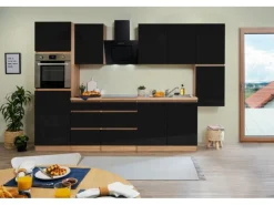 New Respekta Küchenzeile ohne E-Geräte 320 cm Grifflos Schwarz Hochgl.-Eiche Sägerau Kochfelder|Kühlschränke