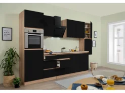 New Respekta Küchenzeile ohne E-Geräte 320 cm Grifflos Schwarz Hochgl.-Eiche Sägerau Kochfelder|Kühlschränke