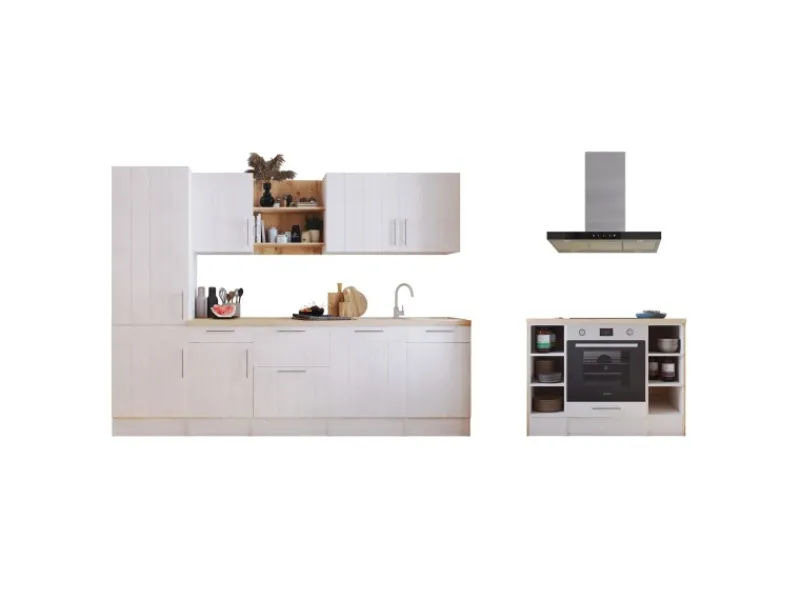 Outlet Landhaus Inselküche Anton 280 cm Lärche Weiß Inselhauben|Kücheninseln
