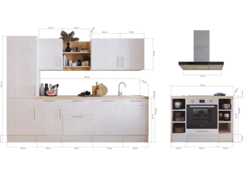 Outlet Landhaus Inselküche Anton 280 cm Lärche Weiß Inselhauben|Kücheninseln
