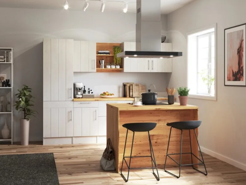 Outlet Landhaus Inselküche Anton 280 cm Lärche Weiß Inselhauben|Kücheninseln