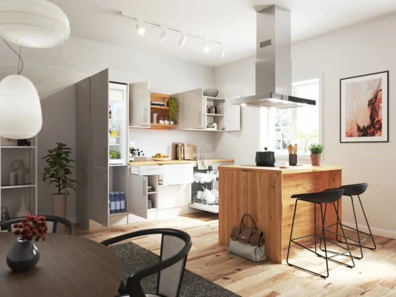 Outlet Landhaus Inselküche Anton 280 cm Lärche Weiß Inselhauben|Kücheninseln