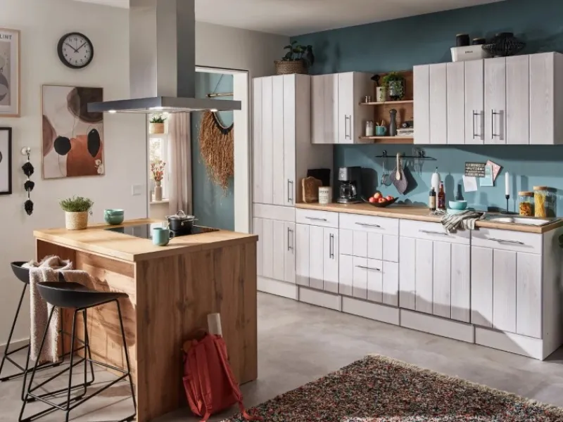 Outlet Landhaus Inselküche Anton 280 cm Lärche Weiß Inselhauben|Kücheninseln