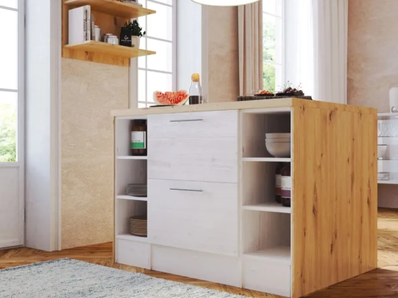 Clearance Landhaus Küchenzeile Anton 310 cm mit Kücheninsel Lärche Weiß Kücheninseln|Kühlschränke