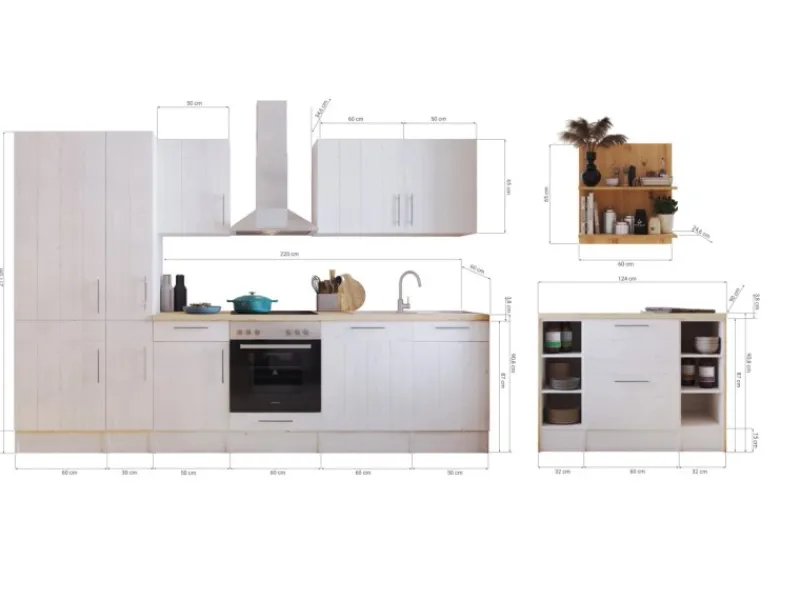 Clearance Landhaus Küchenzeile Anton 310 cm mit Kücheninsel Lärche Weiß Kücheninseln|Kühlschränke