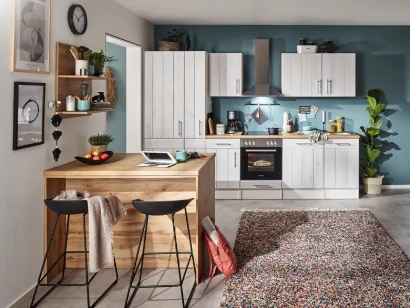 Clearance Landhaus Küchenzeile Anton 310 cm mit Kücheninsel Lärche Weiß Kücheninseln|Kühlschränke